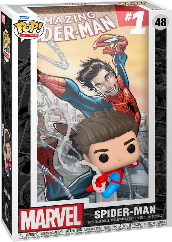 Figurine Funko Pop! de Spider-Man sur la boîte avec la couverture de The Amazing Spider-Man #1.