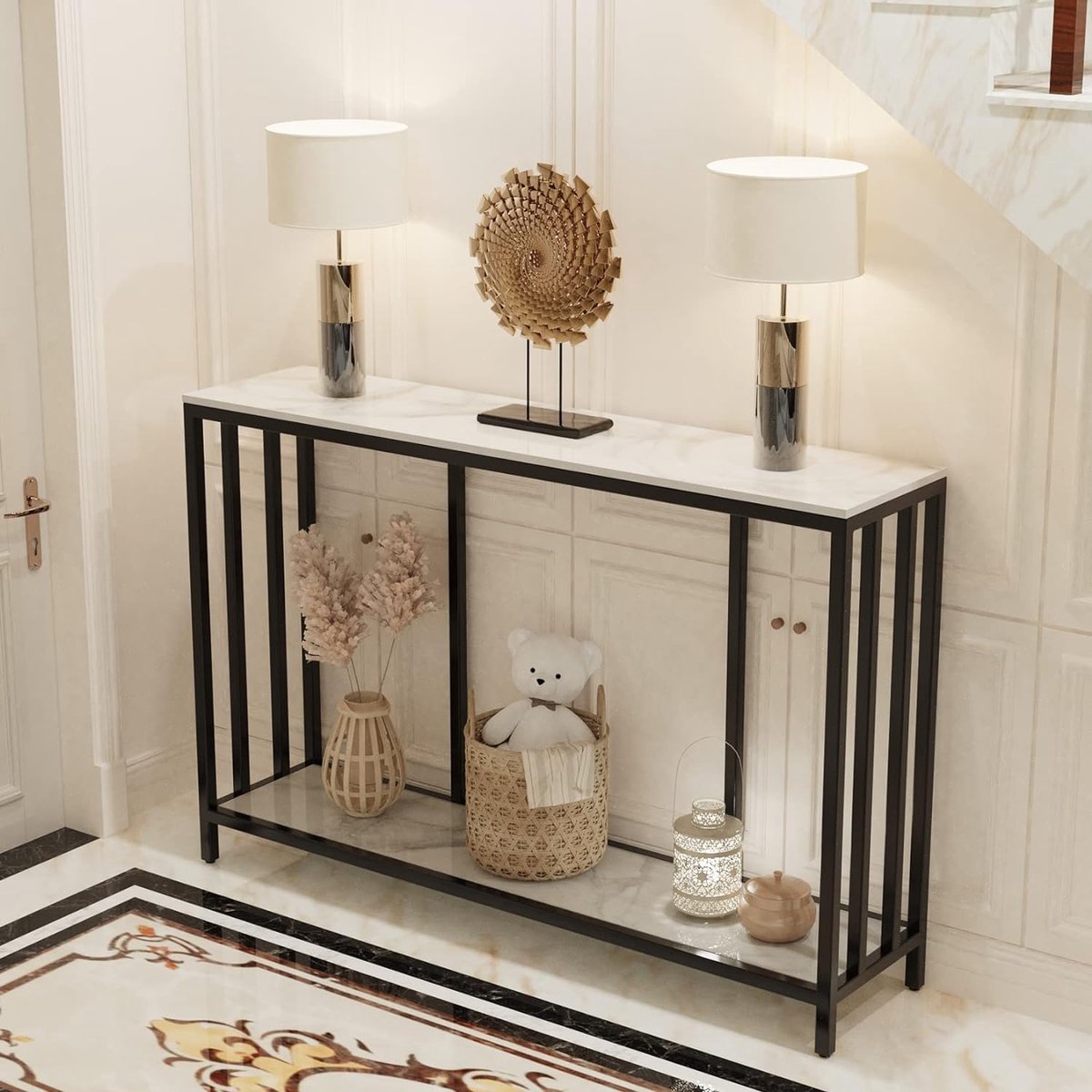 Goodivery ® Stijlvolle Console Tafel met Marmeren Blad en Zwart Metalen Frame