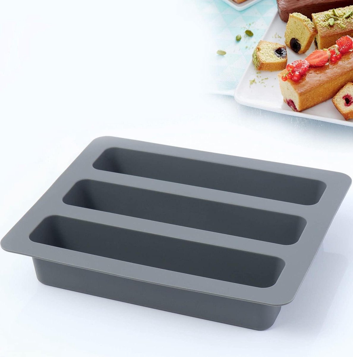 Cakevorm voor 3 cakes van platinium Bakvorm voor mini cake aperitief brioche en brood rechthoekig aperitief + gratis e-book