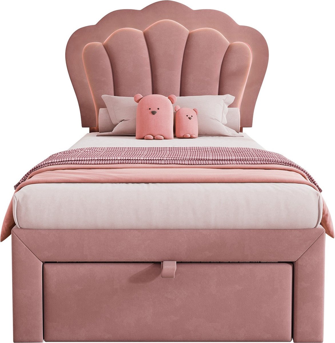 Merax Kinderbed 90x190 cm – Roze Velvet Bed met Verlichting en Lade