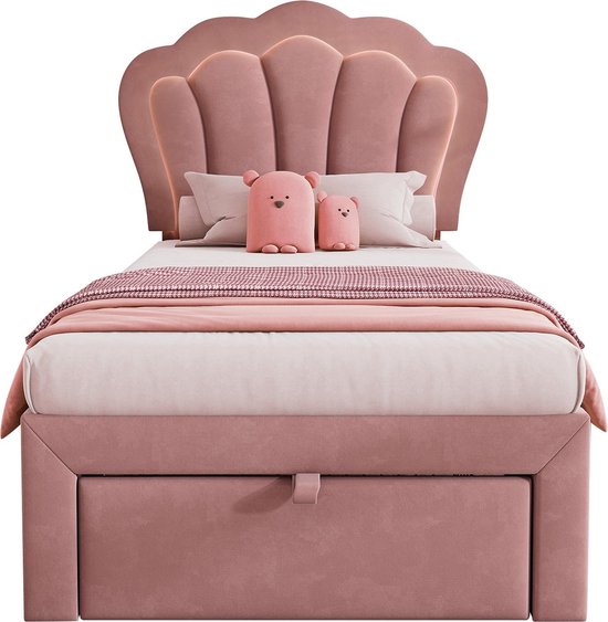 Lit enfant Merax LED 90 x 190 cm avec étagères - Lit rembourré avec tête de lit réglable et Siècle des Lumières LED commandé par application - Velours rose