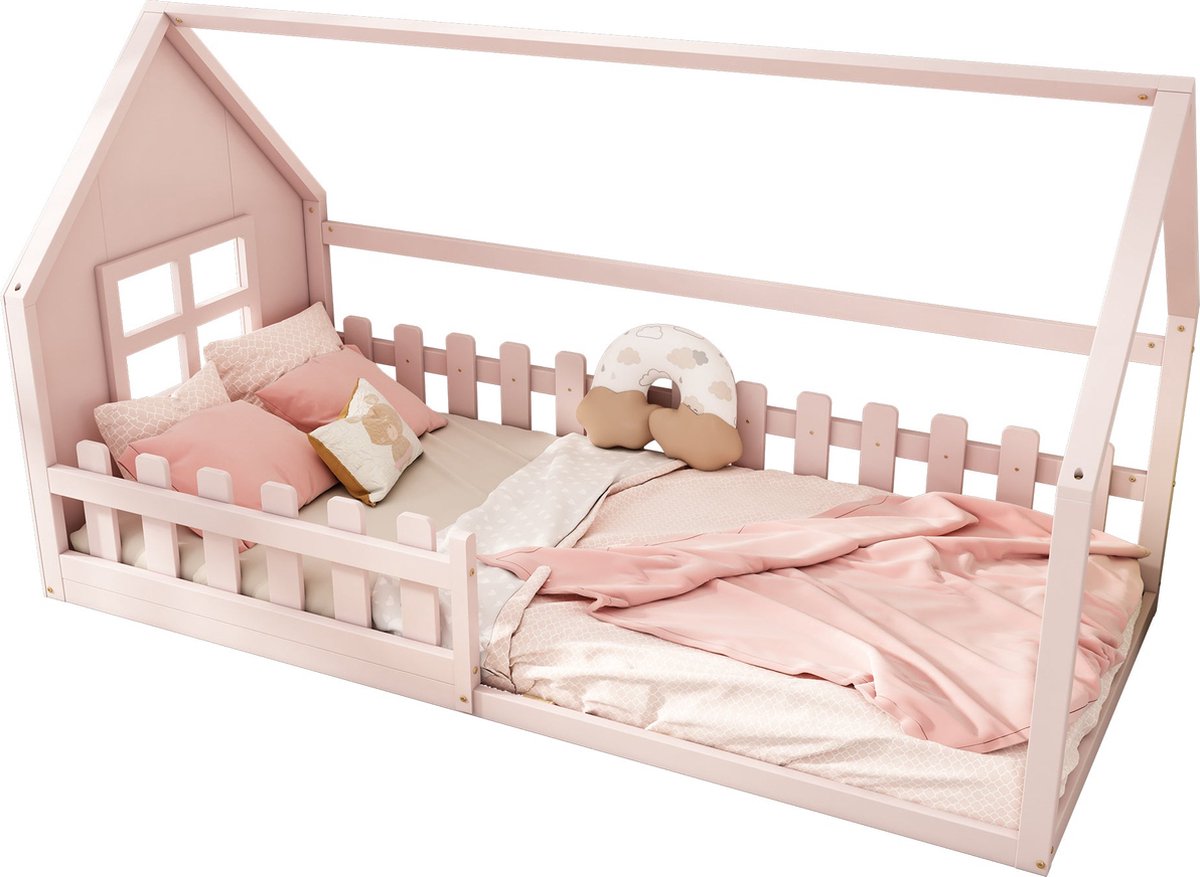Merax Kinderbed 90x200 cm - Flatbed met Huisvorm - Roze - Hout en MDF