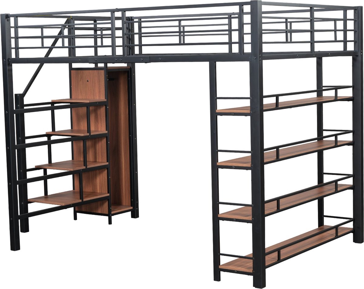 Merax Hoogslaper 140x200 met Veiligheidstrap en Opbergruimte - Bed met Kast - Planken en Uitvalbeveiliging - Zwart