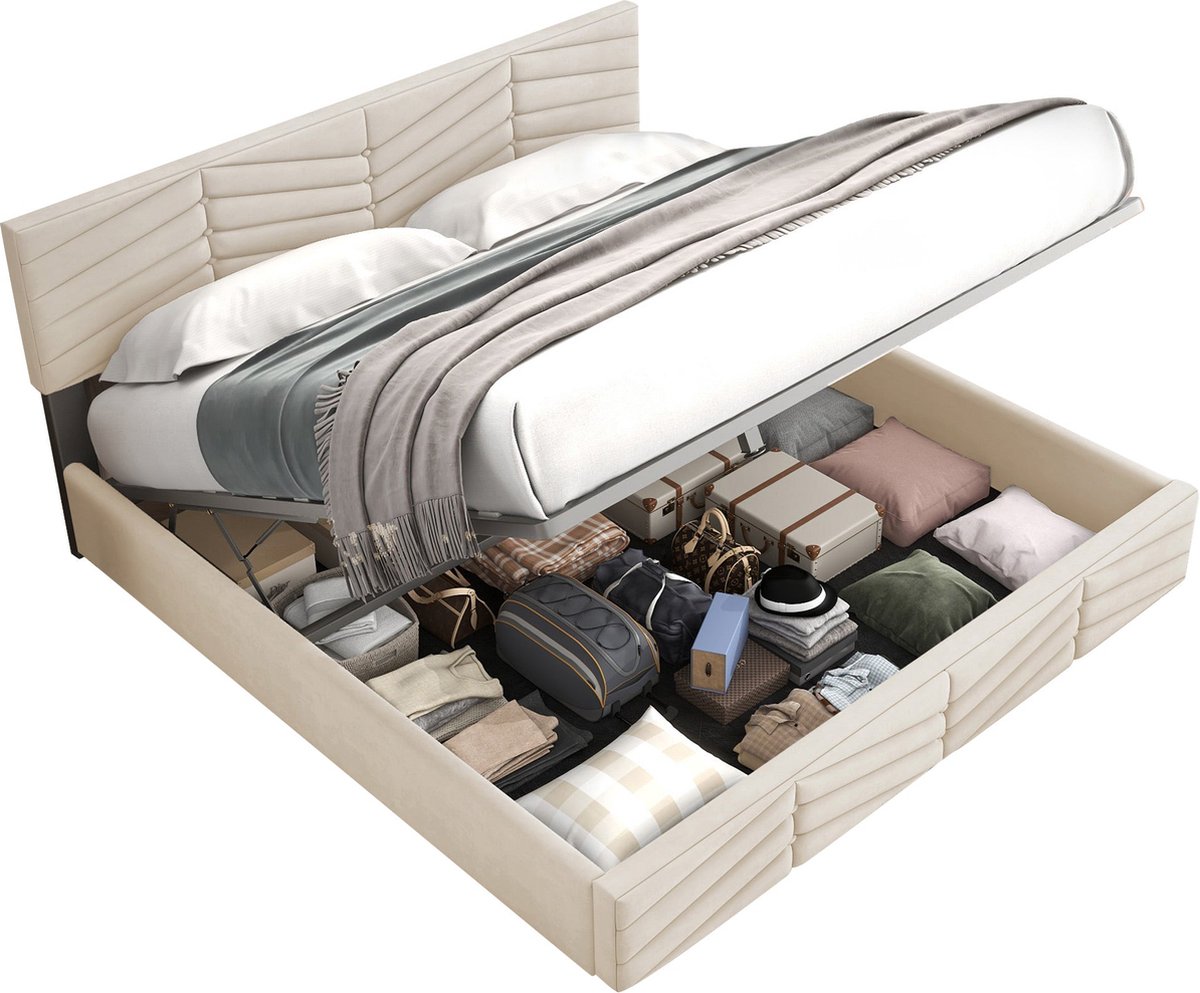 Merax Kingsize Tweepersoonsbed 180x200 cm - Fluwelen Bed met Hydraulische Opbergruimte en Verstelbaar Hoofdbord - Beige
