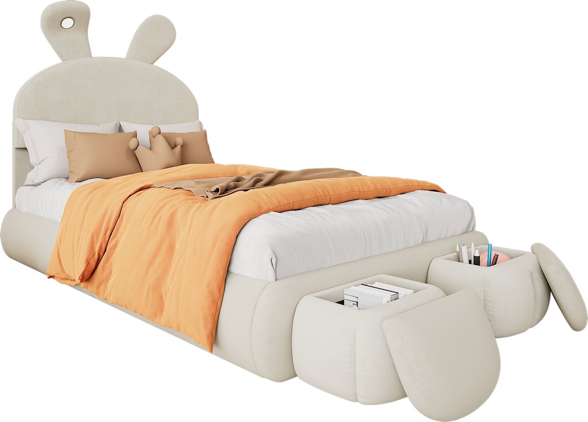 Merax Fluwelen Bed 90x200 cm - Kinderbed in Konijnen Vorm - Eenpersoonsbed met Verstelbare Verlichting en Twee Opberghockers - Beige
