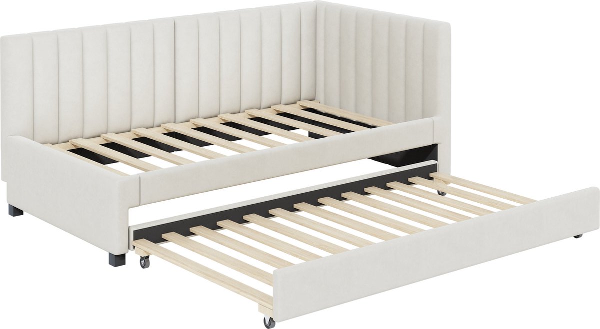 Merax Multifunctioneel Eenpersoonsbed 90x200 cm met Extra Uitschuifbaar Bed 90x190 cm - Slaapbank met Lattenbodem - Beige Fluweel