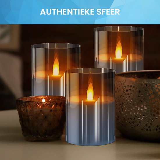 YONO LED Kaarsen à Flamme Mobile - Avec Télécommande avec Minuterie et Fonction de Gradation - 3 Pièces - Verre Fumé
