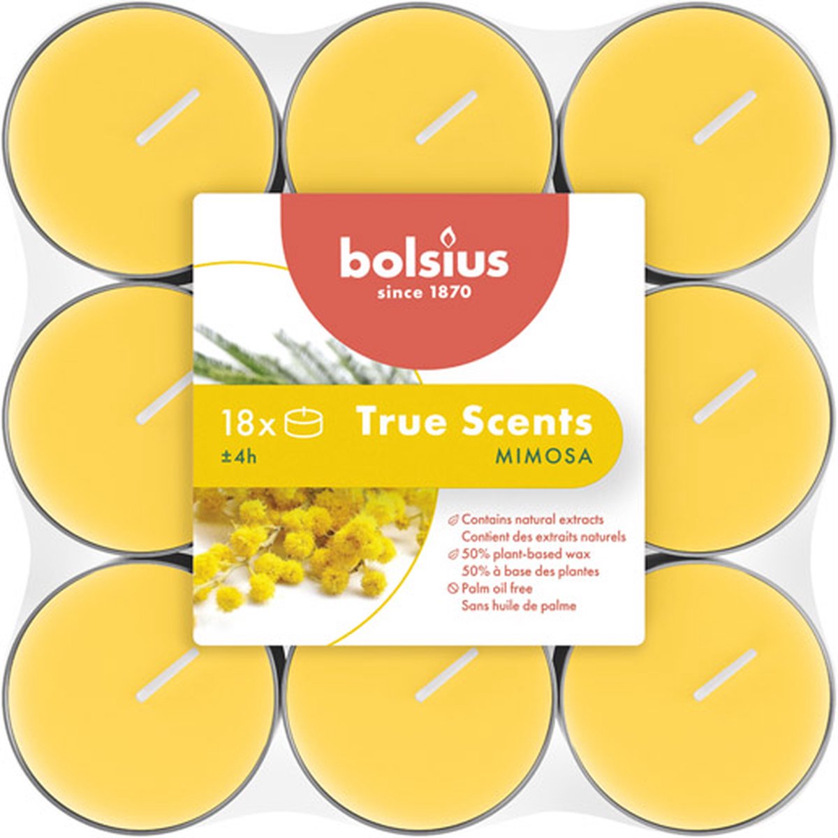 144 stuks Bolsius mimosa geurtheelichtjes (4 uur) True Scents