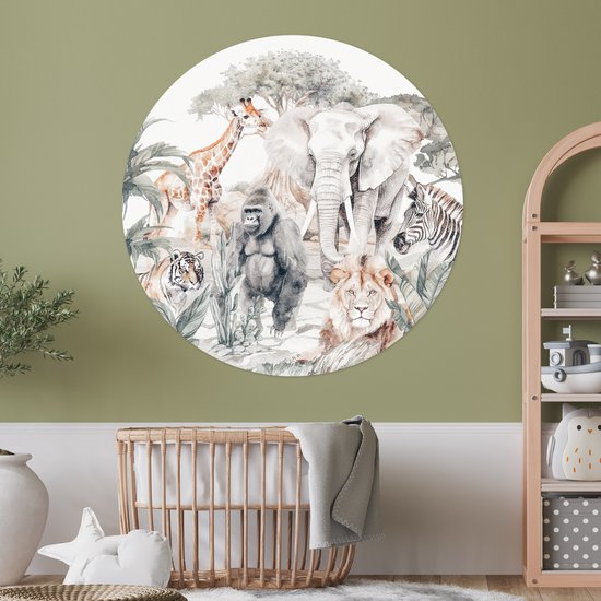 WallCircle - Papier peint cercle - Stickers muraux chambre d'enfant - Animaux - Jungle - Aquarelle - Enfants - Sticker mural - Décoration murale ronde - Sticker papier peint - Stickers muraux ronds - 120x120 cm - Stickers muraux - Sticker mural