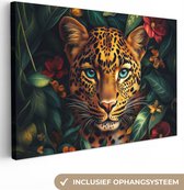 Canvas schilderij 150x100 cm - Wanddecoratie Luipaard - Natuur - Bloemen - Bladeren - Jungle - Muurdecoratie woonkamer - Slaapkamer decoratie - Kamer accessoires - Schilderijen