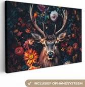 Canvas schilderij 180x120 cm - Wanddecoratie Hert - Dieren portret - Bloemen - Natuur - Hertenkop - Muurdecoratie woonkamer - Slaapkamer decoratie - Kamer accessoires - Schilderijen
