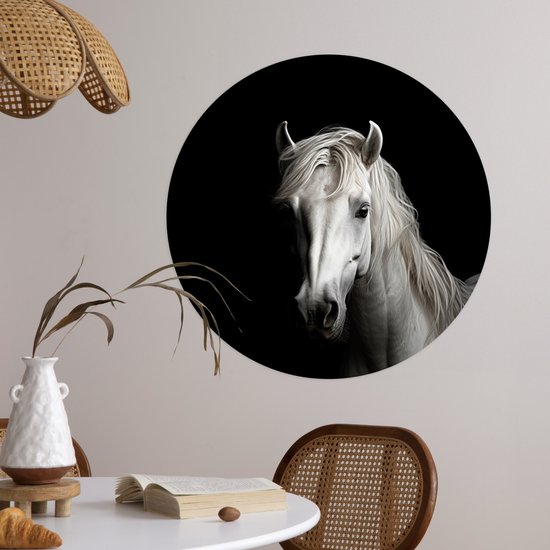 WallCircle® - Papier peint cercle 80x80 cm - Stickers muraux Cheval - Portrait - Zwart - Wit - Animal - Cercle mural salon - Cercle mural chambre - Décoration de pièce autocollante - Accessoires de Décoration murale