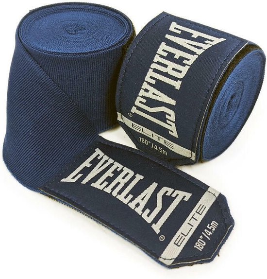 Donkerblauwe Everlast Elite handschoenen, 180"/4.5m, opgerold met wit logo.