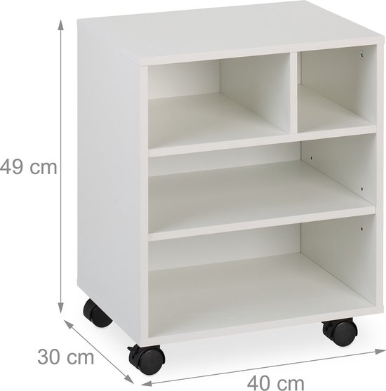 Wit meubelstuk van 49x40x30 cm met wielen en open vakken, afmetingen aangegeven.