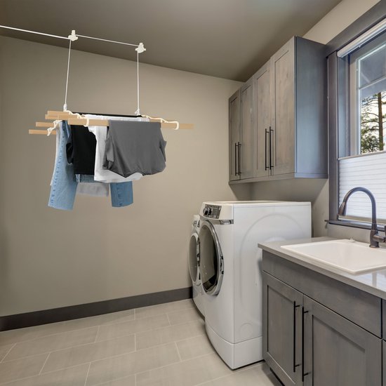 Sèche-linge plafond avec système de poulies en Ivoire, 6 Lattes en bois de 1,8m | Capacité de charge de 30 kg | Kit de montage GRATUIT | Étendoir suspendu pour Vêtements