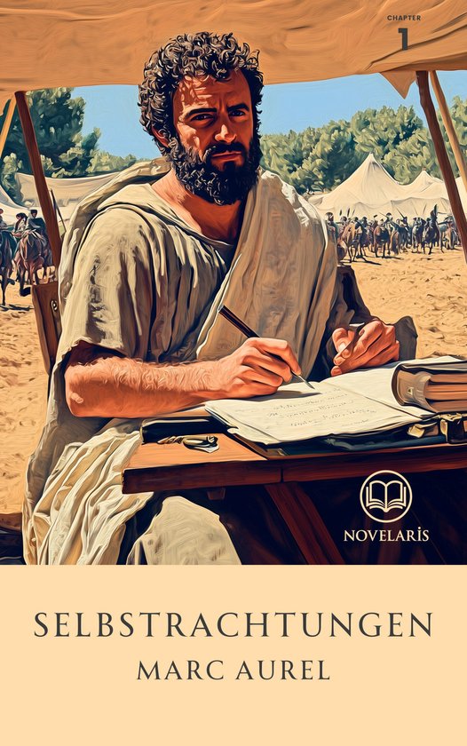 Een man met donker, krullend haar en een volle baard schrijft in een boek onder een tent. Op de achtergrond een leger.