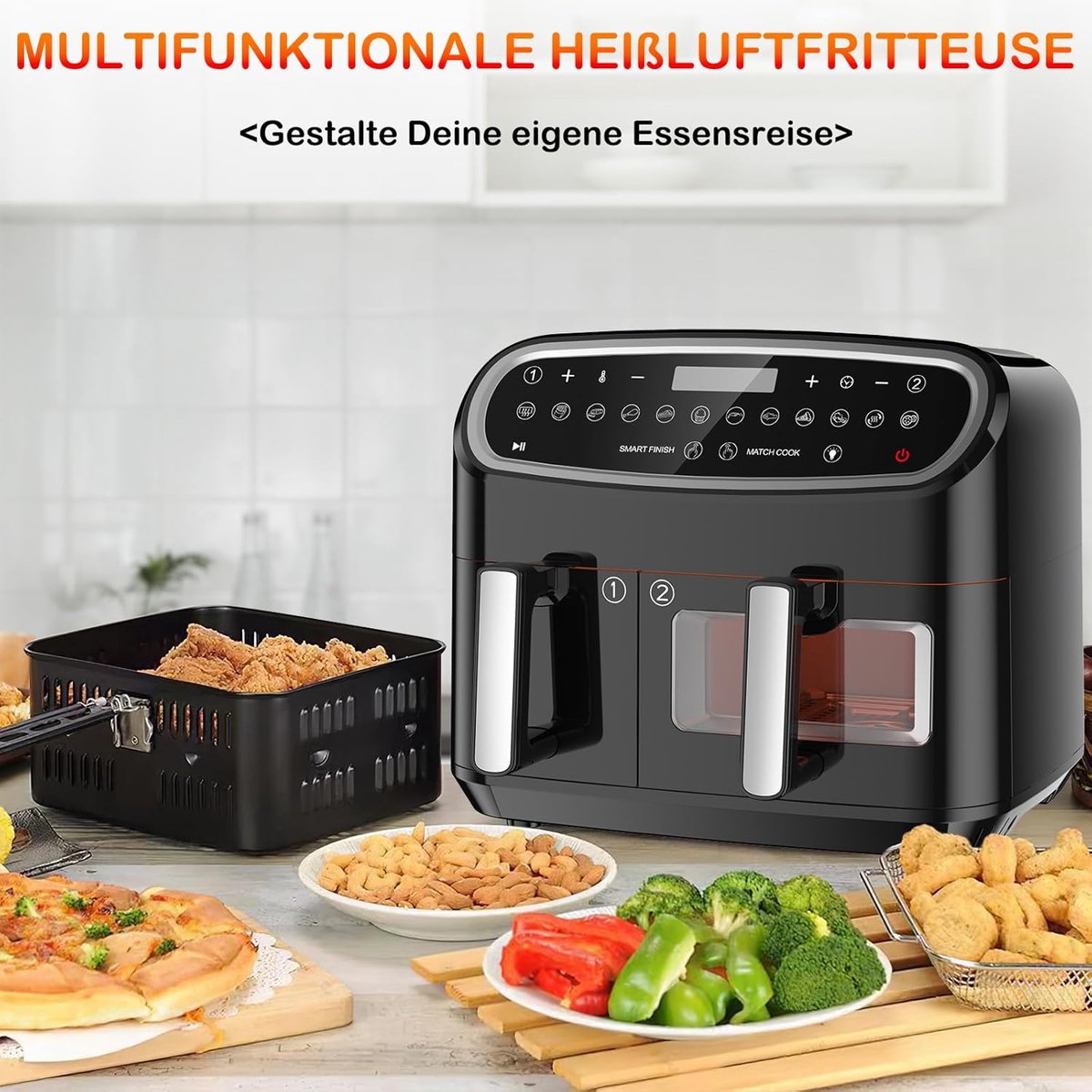 Afbeelding 3 van Equivera Dubbele Airfryer - Dubbele Mand - Dual Cook - Heteluchtfriteuse - Verschillende Programma's - Dual Zone - Mega