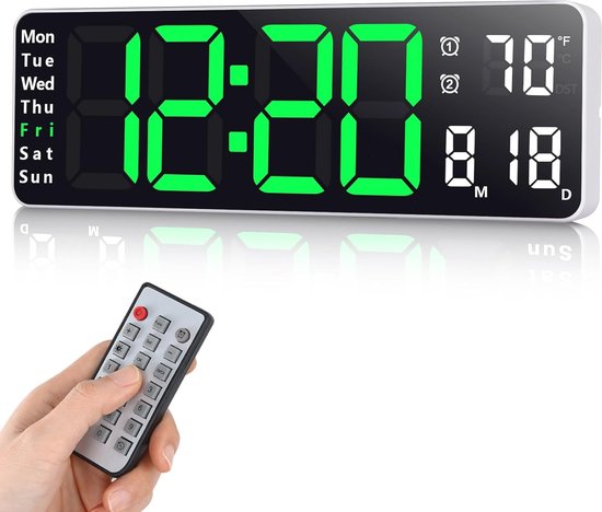 Fuloon Digitale wandklok, USB-wandklokken met 16,2 inch groot display, led-digitale klok met afstandsbediening, timing en countdown, grote klok met datum, week, temperatuur (groen, 40 cm