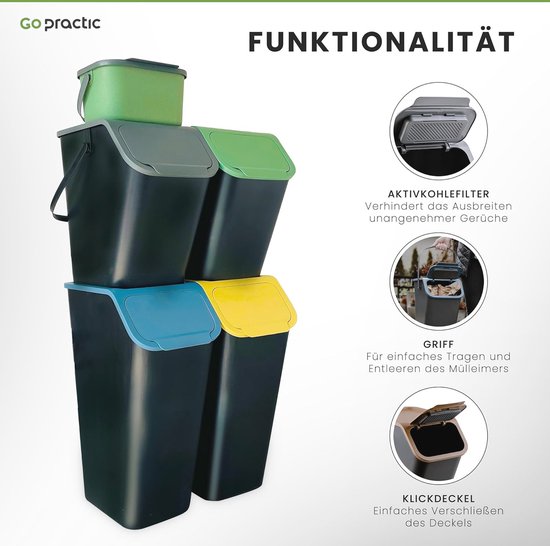 Practic Bini 3-er Mülleimer-Set, Müllbehälter, Stapelbar, Deckel mit Klick-System, Küche Mülltrennsystem 3x Mülleimer mit Deckel 3x25L inkl. Filter