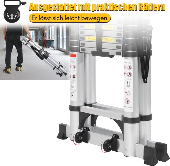 Man die een zilveren telescopische ladder met wielen wegrolt, met close-up van de wielen en de ladder in gesloten vorm.