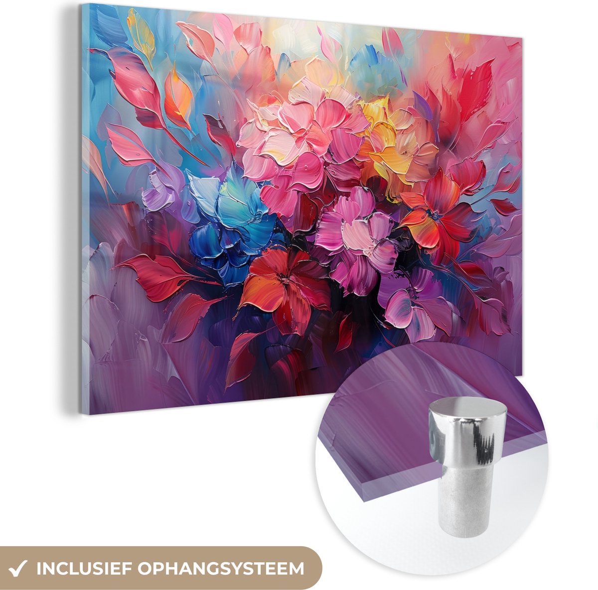 MuchoWow® Glasschilderij 30x20 cm - Schilderij acrylglas - Bloemen - Verf - Abstract - Kleurrijk - Foto op glas - Muurdecoratie woonkamer - Wanddecoratie slaapkamer - Schilderijen