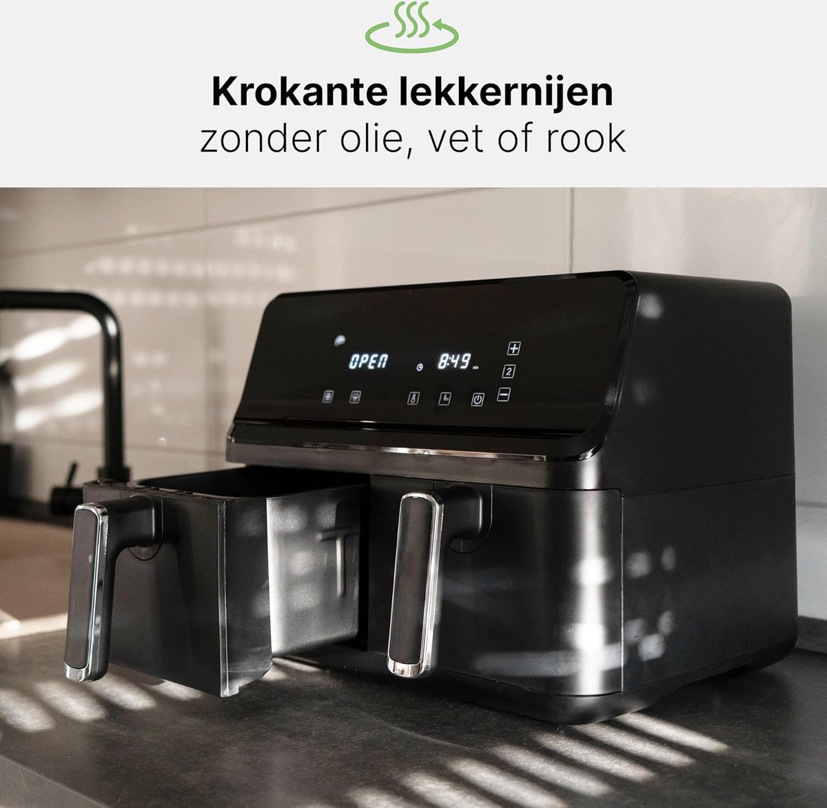 Afbeelding 3 van Equivera Dubbele Airfryer - Dubbele Mand - Dual Cook - Heteluchtfriteuse - Verschillende Programma's - Dual Zone - Mega