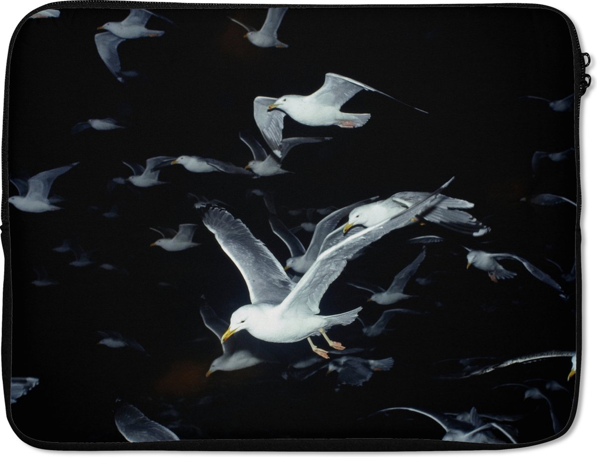 Laptophoes 15.6 inch - Vogel - Zwart - Zwerm - Laptop sleeve - Binnenmaat 37x26 cm - Zwarte achterkant