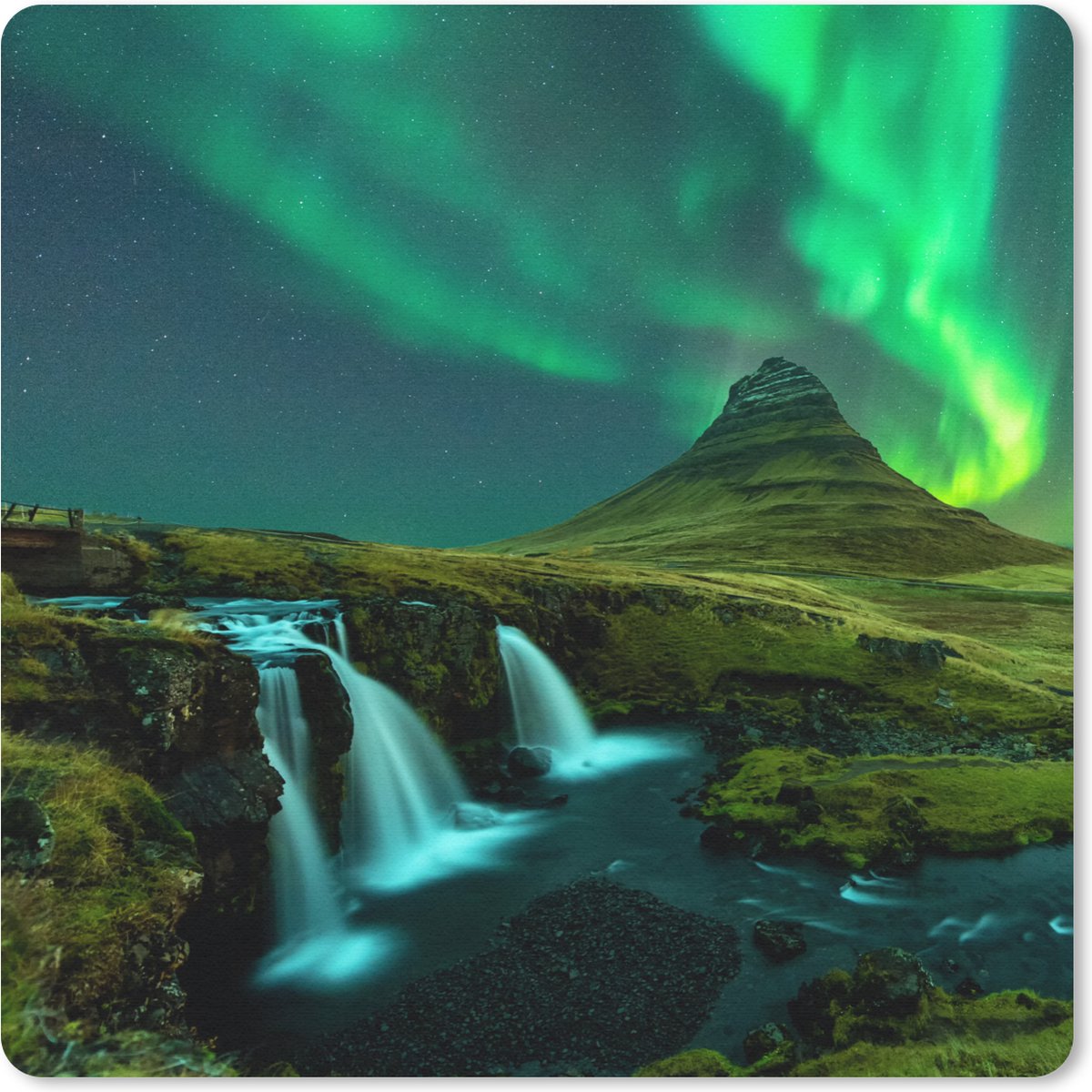Muismat 20x20 cm - Mousepad Noorderlicht - Waterval - Berg - IJsland - Muismatten