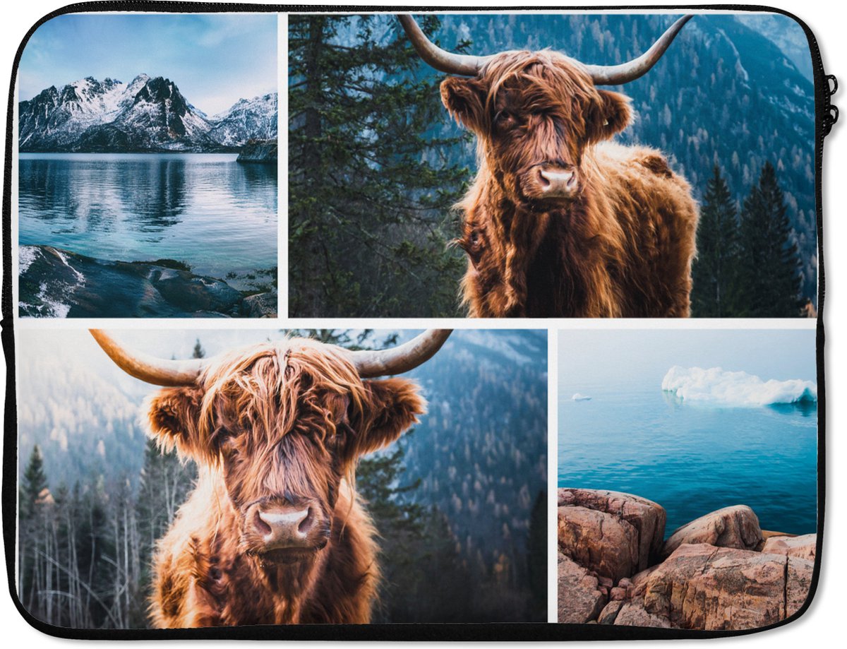 Laptophoes 15.6 inch - Schotse hooglander - Collage - Berg - Laptop sleeve - Binnenmaat 37x26 cm - Zwarte achterkant