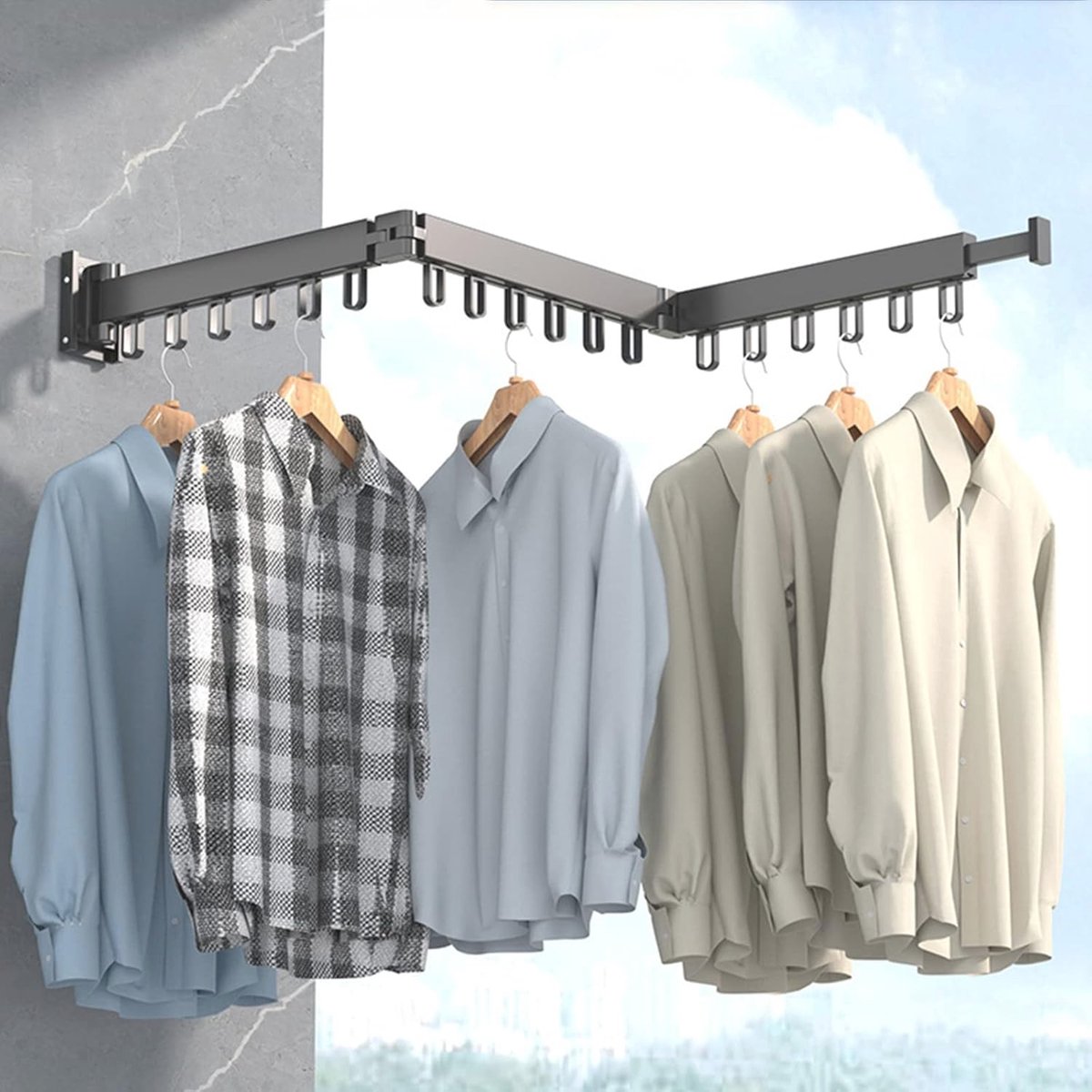 Goedkoopste Opvouwbaar Droogrek voor Wandmontage - Intrekbaar en Draaibaar Kledingrek met Haken voor Balkon en Kasten