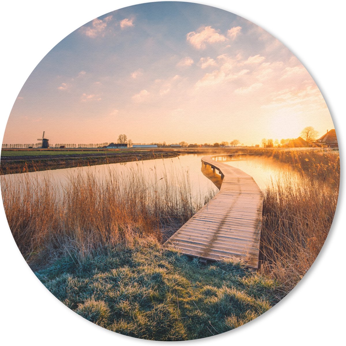 Muismat rond 40x40 cm - Mousepad Zonsondergang in de Nederlandse polder - Ronde muismatten