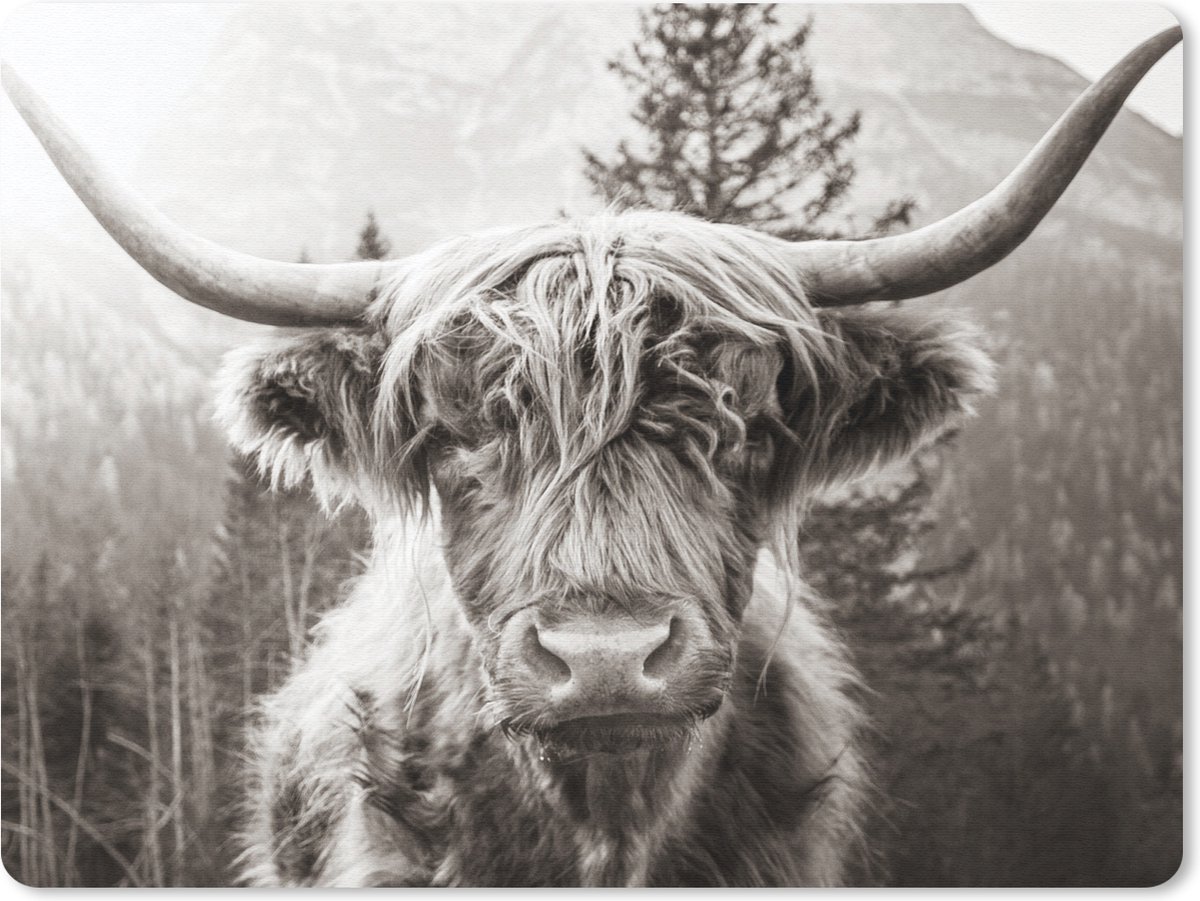 Muismat 23x19 cm - Mousepad Schotse hooglander - Koe - Dieren - Zwart - Wit - Muismatten
