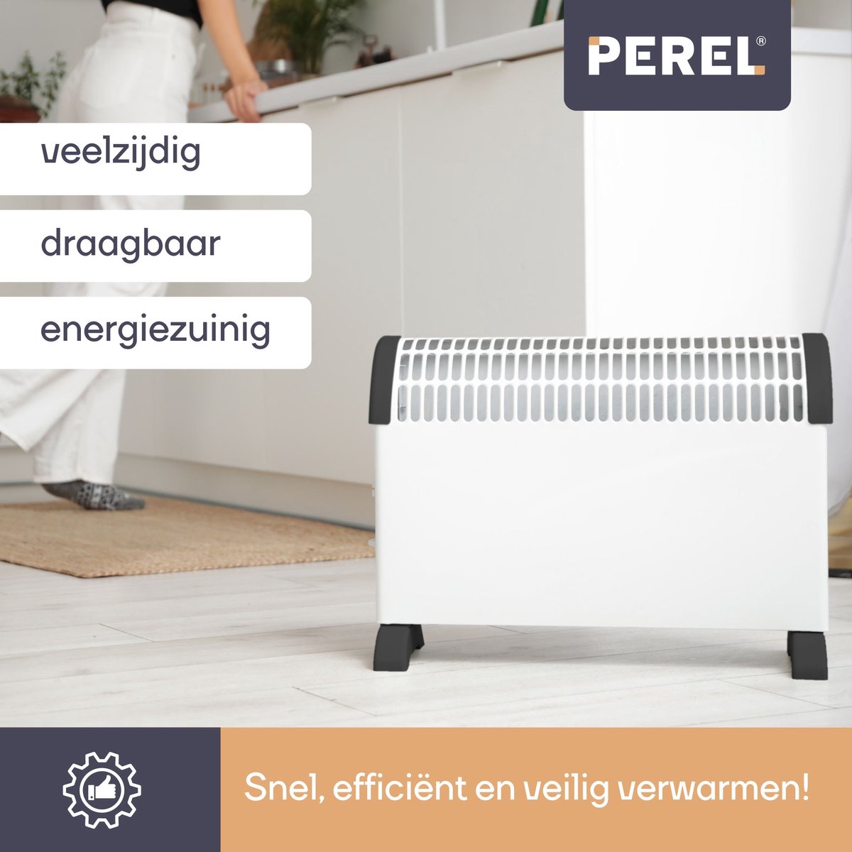 Perel Convectorkachel, elektrische verwarming, elektrische kachel, radiator met drie warmtestanden voor ruimtes tot 60 m³, voor binnen, thermostaat, 2000 W – foto 3