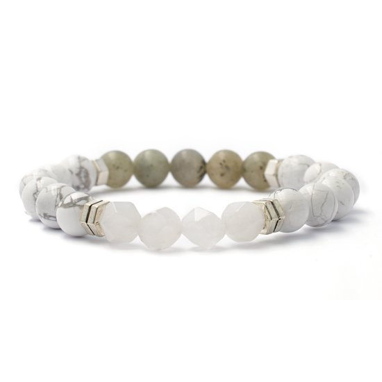 Bixorp Gems Labradoriet + Howliet + Hoekige Maansteen Edelstenen Armband - 8mm / 18cm - Edelsteen Kralenarmband