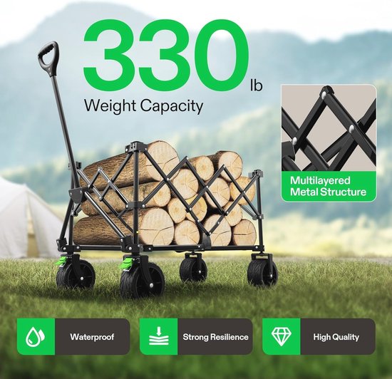 Opvouwbare Vouwwagen voor Buitenactiviteiten - Kamperen, Strand, Sport, en Picknick - Zwarte Outdoor Utility met Brede Wielen — afbeelding 3