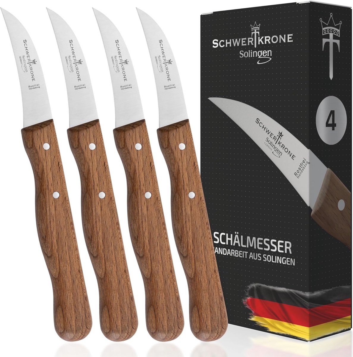 Set van 4 gebogen groentemessen met beukenhouten handvat