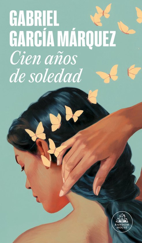 Couverture du livre 'Cien años de soledad' avec le visage d'une femme et des papillons jaunes.