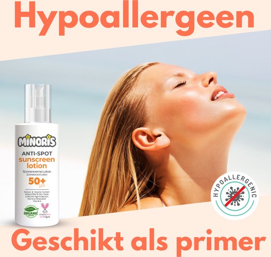 Minoris Anti-Spot Zonnebrandlotion SPF 50+ | Biologisch, Natuurlijk, Minerale Inhoud | Breedspectrum Zonnebescherming voor Gevoelige Huid | Hypoallergeen, Vegan, Rifvriendelijk, Waterbestendig, Dermatologisch Getest, Primer Geschikt - 150 ml