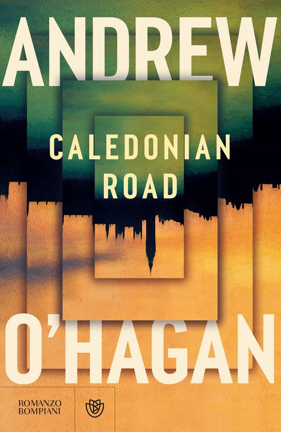 Livre "Caledonian Road" par Andrew O'Hagan, avec un fond abstrait jaune et vert présentant une silhouette de ville.