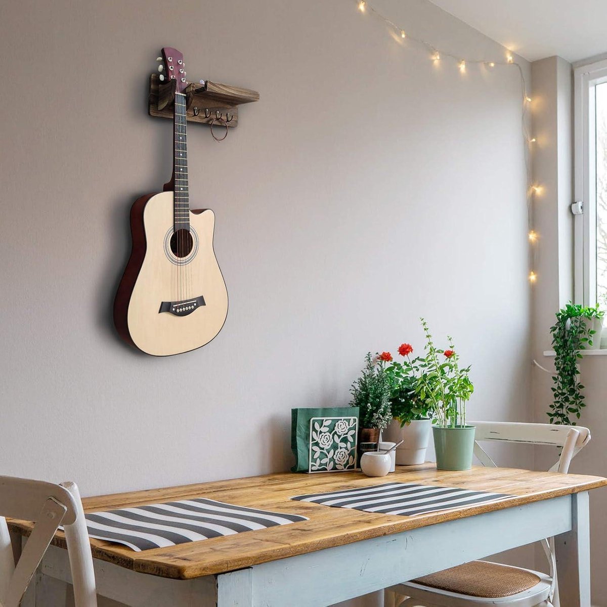 Support Mural Guitare 3 Crochets + étagère - Pour Guitare, Basse, Ukulélé - Bois Et Métal