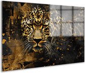 Luipaard glasschilderij - Dieren schilderij glas - Goud - Zwart - Luipaarden - Muurdecoratie modern - Woonkamer schilderijen - Slaapkamer muurdecoratie - Acrylglas 105x70 cm