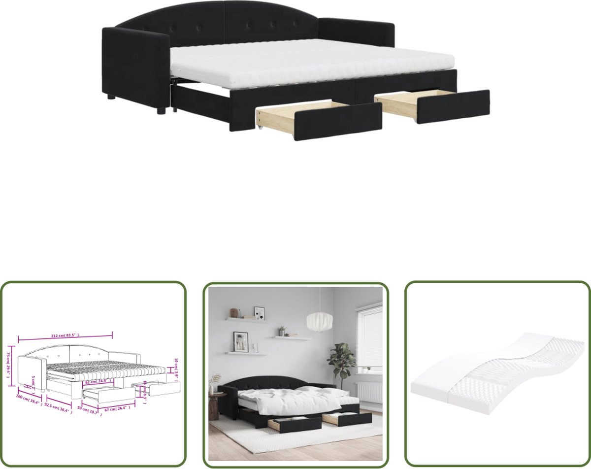 The Living Store 2-in-1 Slaapbank met Onderschuifbed - 212x192.5x75cm - Zwart