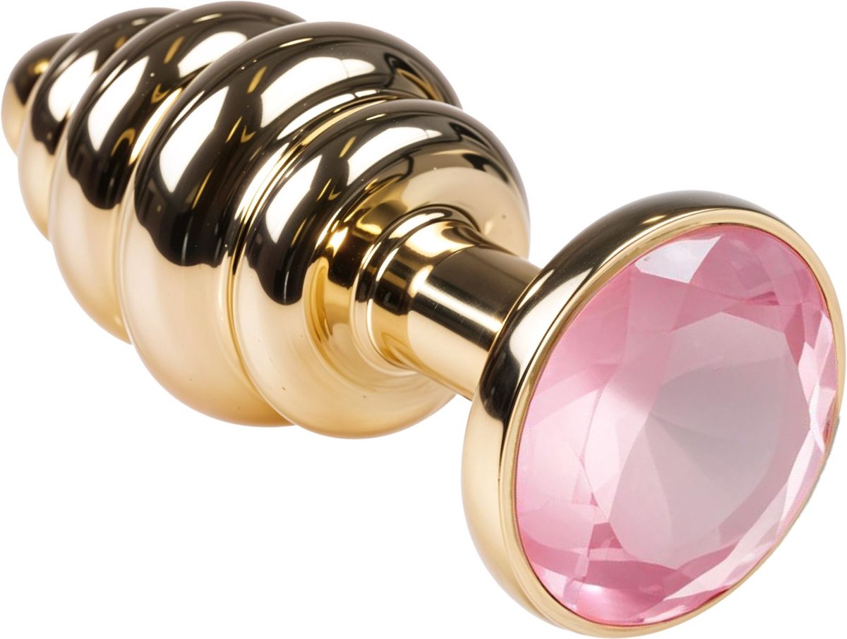 Goedkoopste Cupitoys® Metalen buttplug - Goud - Diamant lichtroze - Geribbeld - Large - Sex toys voor vrouwen - Sex toys voor mannen - Buttplugs