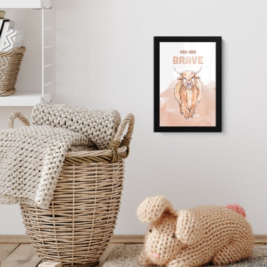 Poster in lijst - Fotolijst 20x30 cm - Posters - Yak - Oranje - Quote - 'You are brave' - Posterlijst zwart - Kamer decoratie - Wanddecoratie kinderkamer - Muurdecoratie babykamer