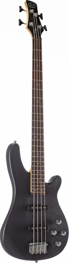 Zwarte J&D basgitaar met vier snaren, chromen hardware en een witte hals.
