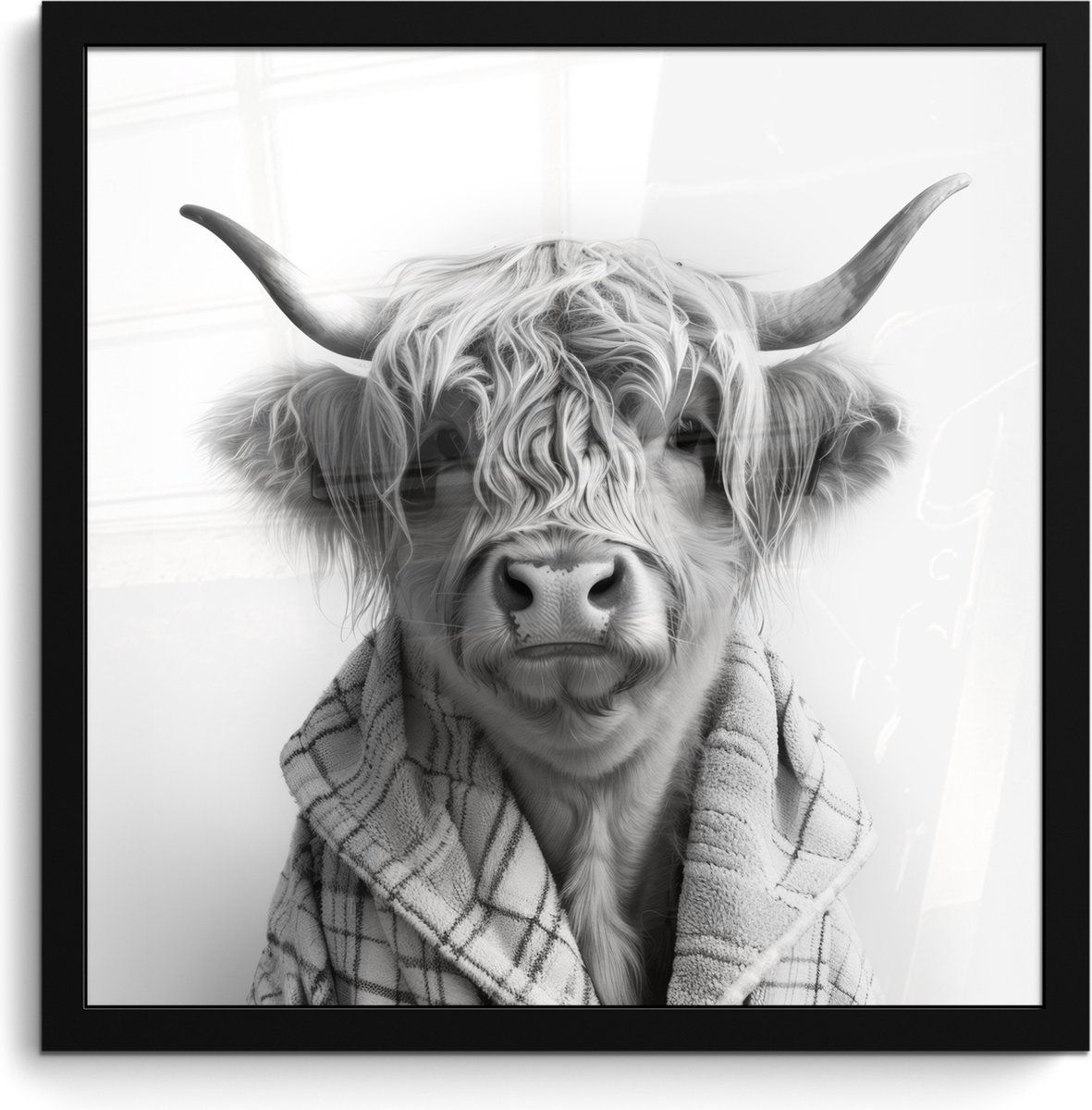 Poster in lijst - Fotolijst 40x40 cm - Posters - Schotse Hooglander - Koe - Badjas - Zwart