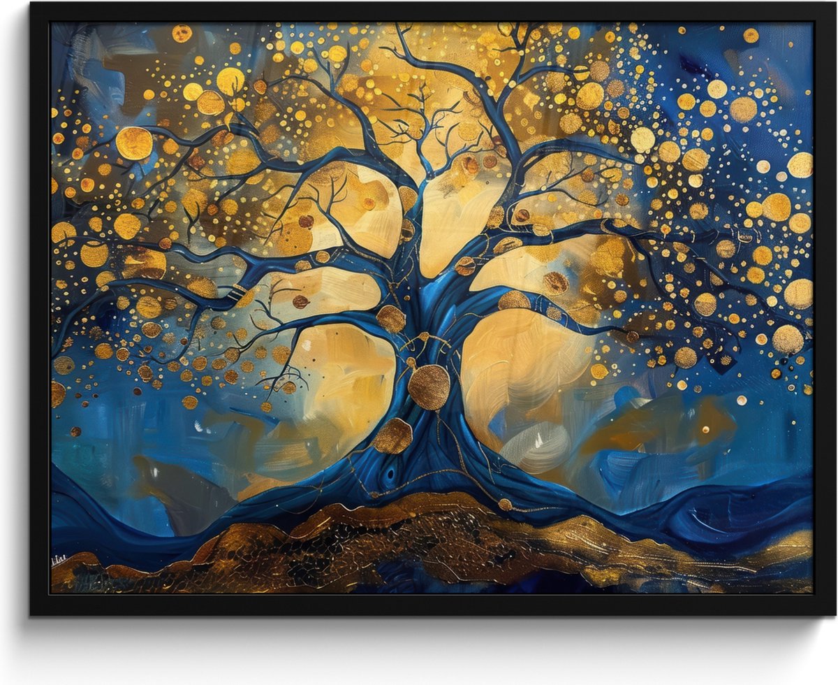FrameYourWall Poster in lijst - Fotolijst 80x60 cm - Posters - Boom - Levensboom - Blauw - Goud - Posterlijst zwart - Decoratie - Wanddecoratie woonkamer - Muurdecoratie slaapkamer Goud - Blauw