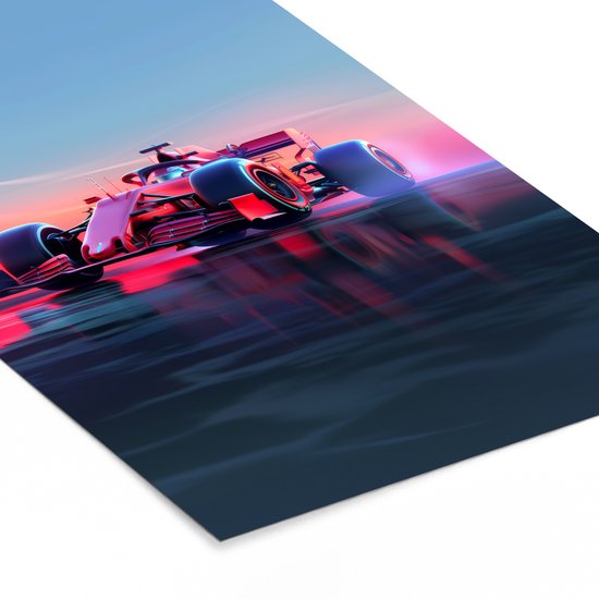 Une voiture de Formule 1 rouge en mouvement sur une surface mouillée, avec une lueur rose et bleue.