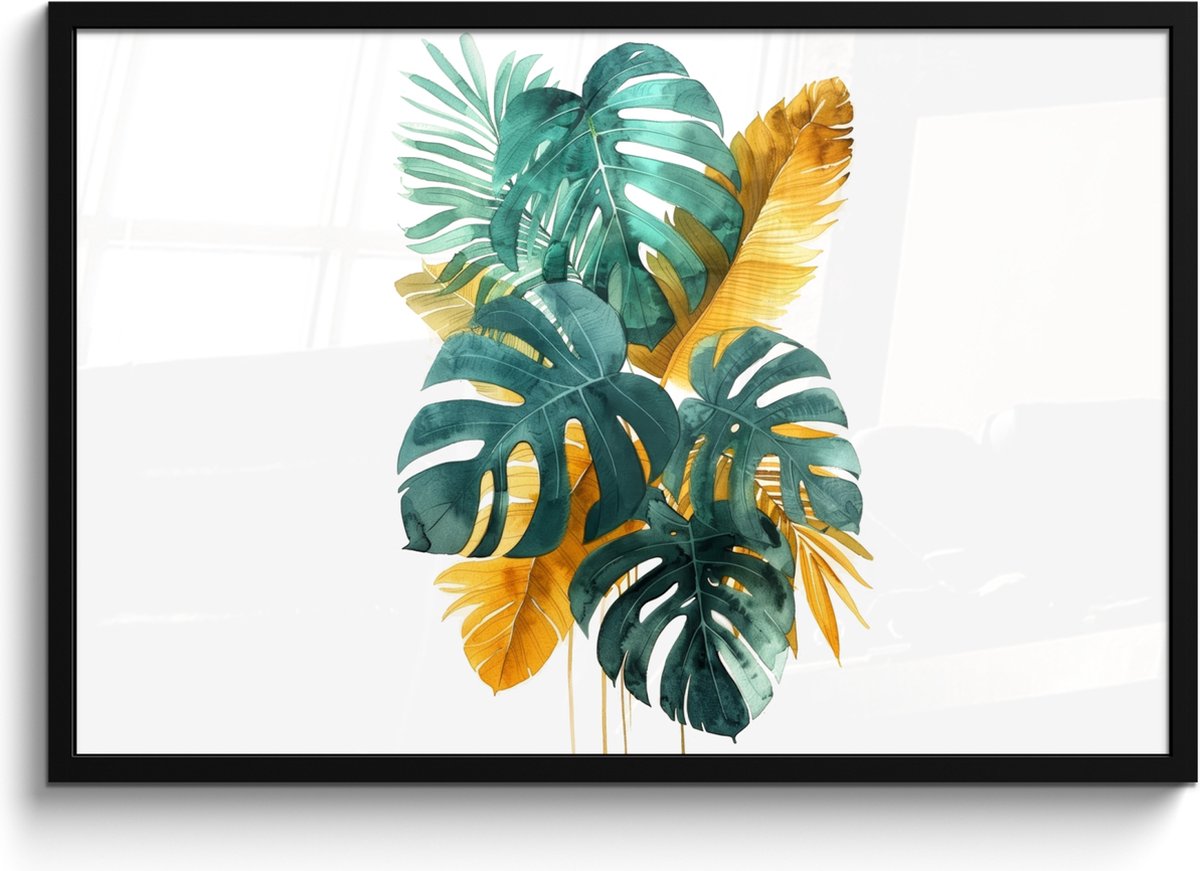 Poster in lijst - Fotolijst 90x60 cm - Posters - Bladeren - Tropisch - Goud - Groen - Mode