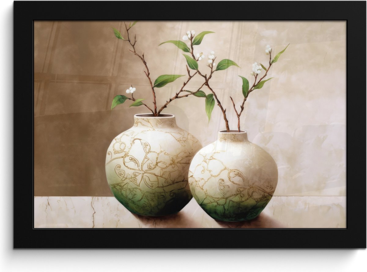 FrameYourWall Poster in lijst - Fotolijst 30x20 cm - Posters - Bloemen - Vaas - Wit - Botanisch - Beige - Posterlijst zwart - Wanddecoratie badkamer - Muurdecoratie WC - Decoratieve accessoires - Toilet muur decoratie Beige - Vazen